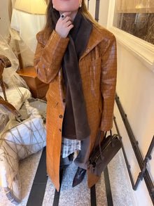 Brown Crocodile Embossed Faux Leather Trench Coat Lapel Single Breasted Straight Front Pockets Women Autumn Winter Fit Jackets