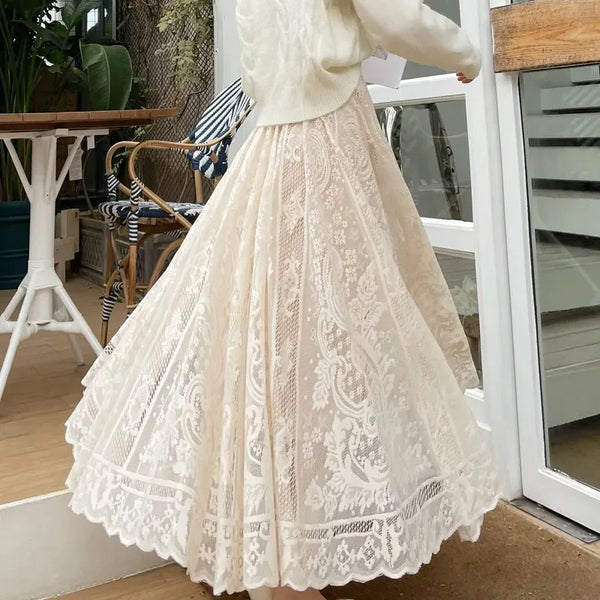 Falda larga de mujer para primavera-verano 2024, estilo palacio de hadas, encaje personalizado, falda midi con vuelo de gran tamaño para mujer