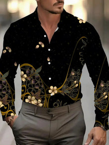 Navy Blue Sailing Shirt Anchor Pattern Casual Shirt Men Novelty Long Sleeve Flower Pattern Costume Hawaii