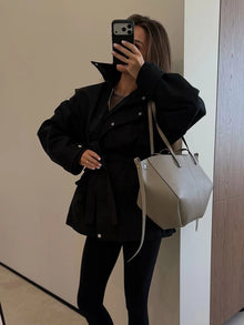 Women Short Trench Coat Belted Stand Collar Double Breasted Utility Jacket Oversized Pocket Chic Casual Office Commute Outerwear