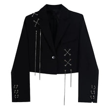 Women Punk Gothic Cropped Blazer with Metal Chain Harajuku Design Streetwear Chic Patchwork Suit Office Lady Commute Short Coat