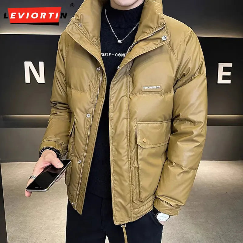 Autumn Winter Fashion Lightweight Down Jacket Men Trendy Short Stand Collar Thickened Warm Cold-Proof White Duck Down Jacket