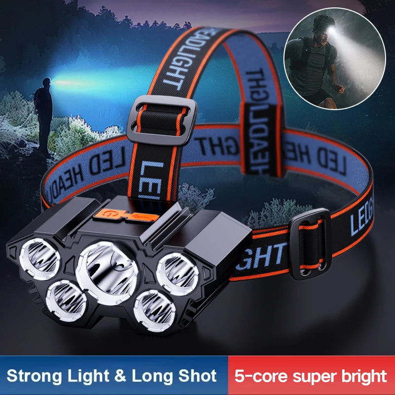 5LED Strong Light Headlamp Rechargeable Waterproof Outdoor Fishing Long Range Headlamp