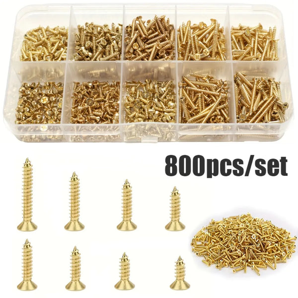 800 tornillos autorroscantes de latón, tornillos chapados en oro M2/M2.5, adecuados para manualidades en madera y cajas de almacenamiento vintage.