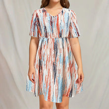 Plus Size Dress, Striped Printed V-Neck Short-Sleeved Loose Fit, Elastic Waist, Casual Resort Style Dress
