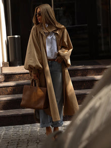 Solid Commute Women's Trench Coat Ovesized Puff Sleeve Single Breasted Long Jacket Lapel Side Slit 2026 New Autumn Lady Outwear