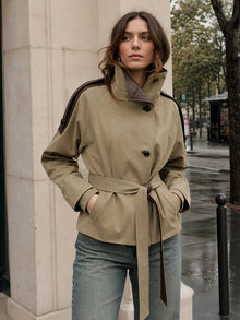 Women Cropped Trench Coat Faux Leather Spliced Epaulets Belted Waist Loose Fit Khaki Short Jacket Vintage 2026 Ladies Outerwear