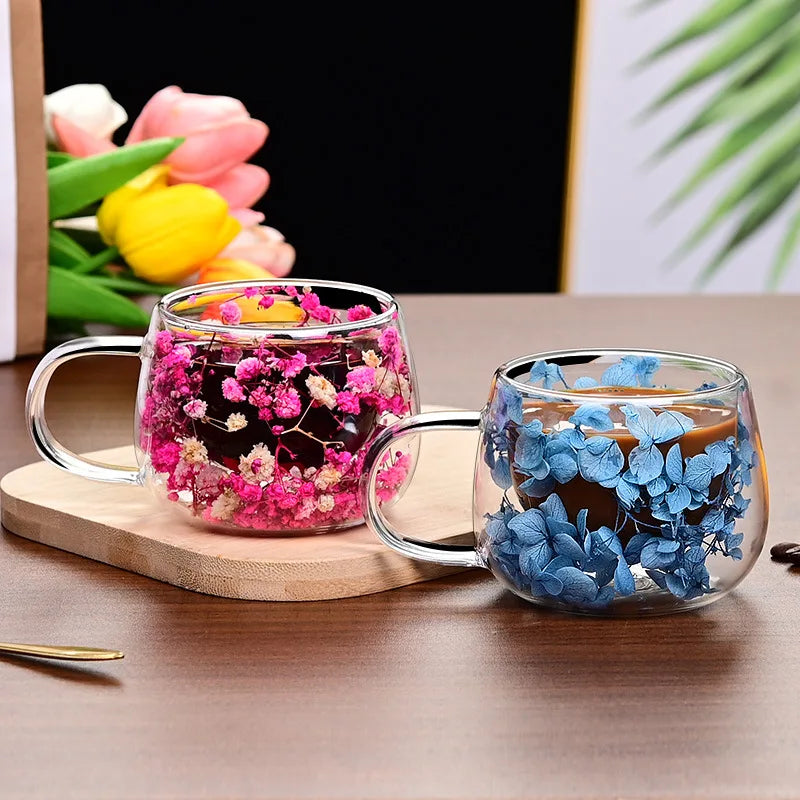 Dried Flower Double-layer Glass Coffee Cup,Simple Thick Cup Mouth Anti Scalding Milk Cup,Environmentally Friendly Heat-resistant
