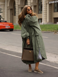 Women's Brown Stand Up Collar Long Long Trench Coat  Lantern Sleeve Side Slit Loose Windbreaker 2026 Spring Autumn Fashion Coat