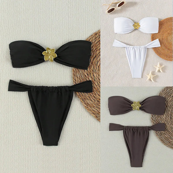 Conjunto de bikini sexy con aberturas - Traje de baño moderno para diosas de la playa, impresionante bikini estilo palabra de honor, traje de baño de dos piezas para mujer