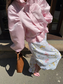 Shiny Fabric Jacket High Stand Collar Oversized Puff Sleeve Drawstring Cropped Hem 2026 Autumn Fashion Daily Lady Sweet Jacket