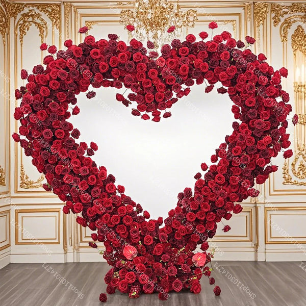 Red Heart Shaped Wedding Artificial Flower Arrangement Stage Arches Placement Proposal Event Celebration Decoration Background