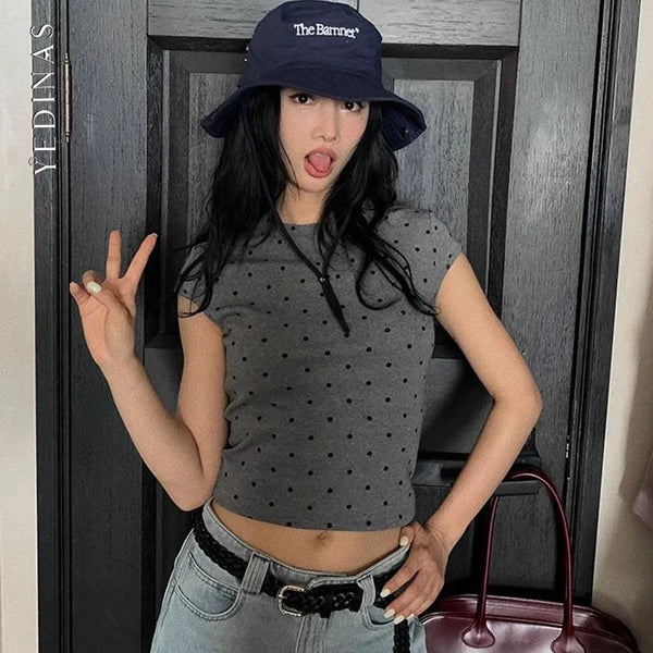 Camiseta de lunares Yedinas Streetwear para mujer, ropa de manga corta, moda coreana, camisetas ajustadas vintage, tops de verano, camisetas Y2k chic