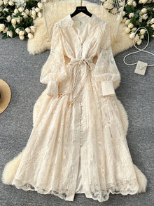 Spring Autumn French High-end Women's Dress New Lace Embroidery V-neck Lantern Sleeves Single Breasted Party Birthday Dress C192