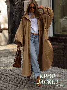 Women's Brown Stand Up Collar Long Long Trench Coat  Lantern Sleeve Side Slit Loose Windbreaker 2026 Spring Autumn Fashion Coat
