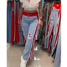 Vaqueros de tiro alto con roturas para mujer, pantalones de retazos en contraste y colorblock, vaqueros de mezclilla elásticos de pierna ancha y estilo urbano.