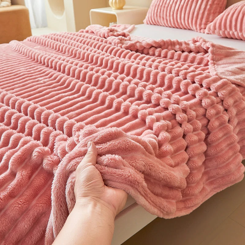 Luxurious Double-Sided Faux Rabbit Fur Throw Blanket - Cozy Striped Flannel, Soft And Warm for Naps, Office, Camping, Sofa - Versatile Polyester Bed Cover, Perfect Christmas Gift