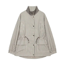 Women Casual Plaid Short Trench Coat Lapel Double Breasted Belted Waist Loose Long Sleeve Checkered Jacket Autumn Windbreaker
