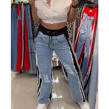 Vaqueros de tiro alto con roturas para mujer, pantalones de retazos en contraste y colorblock, vaqueros de mezclilla elásticos de pierna ancha y estilo urbano.