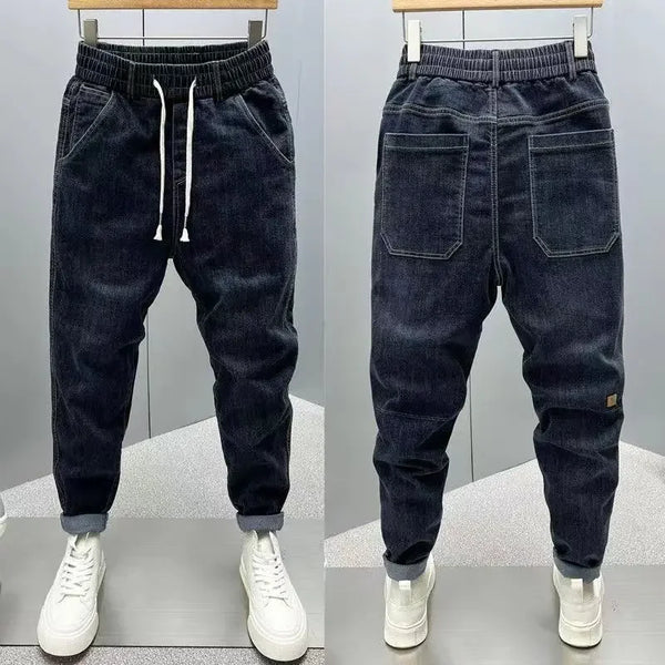 Pantalones vaqueros casuales estilo harem de lujo para hombre, jeans de mezclilla para primavera y otoño, moda coreana, corte holgado, cintura media, estilo urbano, pantalones de pernera ajustada.