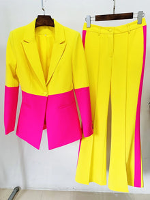 HIGH STREET Newest 2026 Designer Runway Suit Set Women's Single Button Color Block Blazer Flare Pants Suit