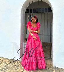 Vestido de fiesta largo con estampado ML, escote corazón, corte en A, mangas cortas abullonadas, vestido de noche para mujer, hecho a medida