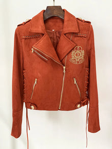 HIGH STREET Newest 2026 F/W Designer Jacket Women's Rope Lacing Up Logo Beaded Synthetic Suede Leather Motorcycle Biker Jacket
