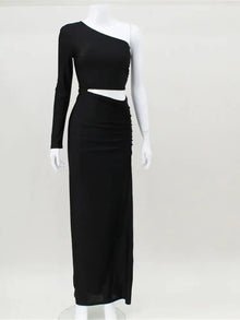 CNYISHE One Shoulder Cut Out Split Ruched Maxi Dress for Women Elegant Party Prom Gown Dresses Woman Sexy Birthday Outfits Robes