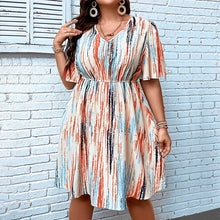 Plus Size Dress, Striped Printed V-Neck Short-Sleeved Loose Fit, Elastic Waist, Casual Resort Style Dress