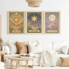 3pcs Frameless Sun,Moon and Stars Tarot Card Canvas Printing,Retro Bohemian Celestial Wall Art,Mysterious Living Room Decoration