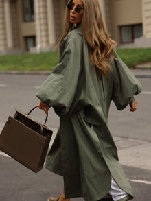 Oversized Solid Wome's Long Trench Coat Puff Sleeve Side Slit Maxi Windbreaker Lapel Single Breasted Lady Autumn Tench Coats
