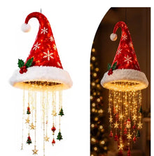 Christmas Santa Hat LED Hanging Light Warm Glowing Chandelier String Lights Xmas Ornament Home Stairway Holiday Party Decor