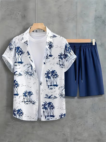 New Coconut Tree Print Men's Set Loose-Fit Hawaiian Short-Sleeve Shirt & Shorts Two-Piece Set Men Premium Fashion Streetwear Set
