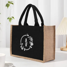 Bolso de mano de lona de lino con parches negros y estampado de letras de hoja plateada, con bolsa interior impermeable de gran capacidad para el día a día.