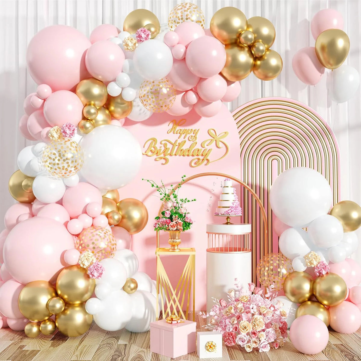 Kit de arco de globos rosa y blanco de 111 piezas, guirnalda de globos rosa y dorado, globos de confeti en tonos pastel rosa, blanco y dorado para cumpleaños de niñas