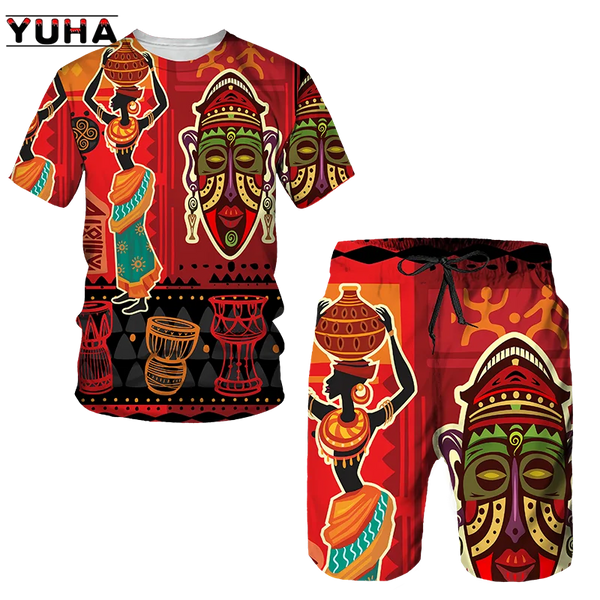 YUHA, nuevos conjuntos de camisetas con estampado africano para hombre/mujer, chándal Dashiki para hombre/tops vintage de deporte y ocio para verano