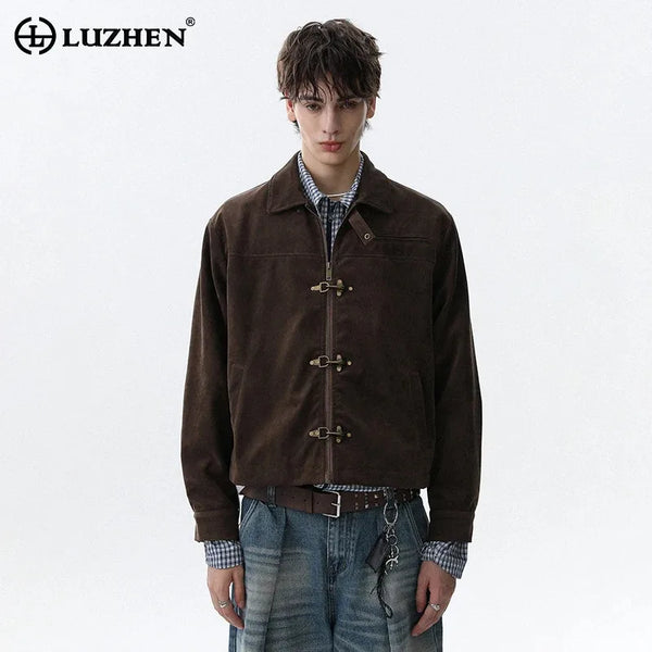 Chaqueta casual para hombre LUZHEN otoño 2025, nuevo diseño original con cierre de hebilla metálica, moda de alta calidad, color sólido, prenda elegante JY4230