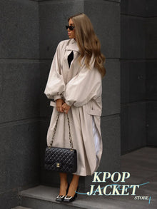 Women's Brown Stand Up Collar Long Long Trench Coat  Lantern Sleeve Side Slit Loose Windbreaker 2026 Spring Autumn Fashion Coat