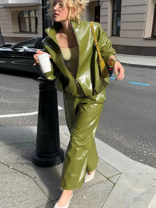 Olive Green Leather Jacket Coat Silhouette Vintage High Street Trend Zipper Lapel Short Overcoat Loose Casual Top Outwear Autumn