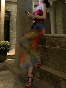 Weird Puss Colorful Print Maxi Dress Patchwork Lace Mesh Low-Neck Sleeveless Backless Summer Trend Vacation Clubwear Vestidos