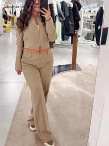 Conjunto de pantalón casual para mujer de algodón y lino, top corto con solapa y cremallera, pantalón recto, conjunto de traje liso para mujer, moda urbana primavera 2026