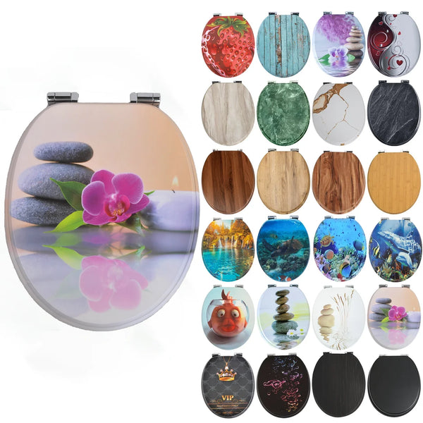 Sainos Universal Wc Seat with Soft Close Toilet Seat Cover Wood Toilet Lid Toilet Seat Many Colorful Motifs Toilet Topper