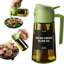 Dispensador de aceite de oliva, pulverizador 2 en 1 para cocinar (rocío y vertido), botella de aceite de vidrio verde oscuro con pegatinas, pulverizador de aceite de 470 ml/16 oz