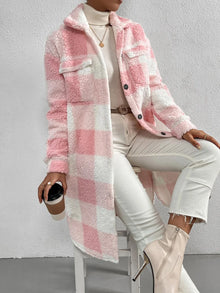 Women Long Plaid Fleece Sweatshirt Coat Autumn Winter Turn Down Collar Long Sleeve Pocket Button Loose Flurry X-Long Trench Coat