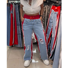 Vaqueros de tiro alto con roturas para mujer, pantalones de retazos en contraste y colorblock, vaqueros de mezclilla elásticos de pierna ancha y estilo urbano.