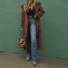 Women's Vintage Brown Suede Trench Coat Long Belted Overcoat Retro Windbreaker Fashion Female Date Commuter Streetwear Outerwear