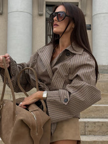 Plaid Cropped Trench Coat Lapel Collar Double Breasted Belted Waist Long Sleeve Women All-match Coats 2026 Autumn Commute Outfit