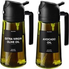 Dispensador de aceite de oliva, pulverizador 2 en 1 para cocinar (rocío y vertido), botella de aceite de vidrio verde oscuro con pegatinas, pulverizador de aceite de 470 ml/16 oz
