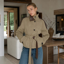 Women Cropped Trench Coat Faux Leather Spliced Epaulets Belted Waist Loose Fit Khaki Short Jacket Vintage 2026 Ladies Outerwear