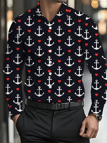 Navy Blue Sailing Shirt Anchor Pattern Casual Shirt Men Novelty Long Sleeve Flower Pattern Costume Hawaii
